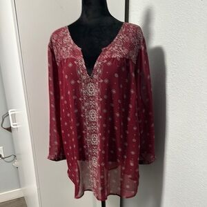 Women's Burgundy Printed V-Neck Tunic Top